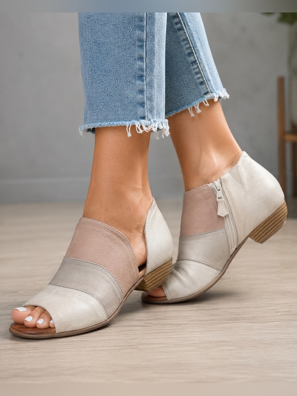 Miz Mooz Leather Peep Toe Ankle Booties | Blush Colorblock | EU 37